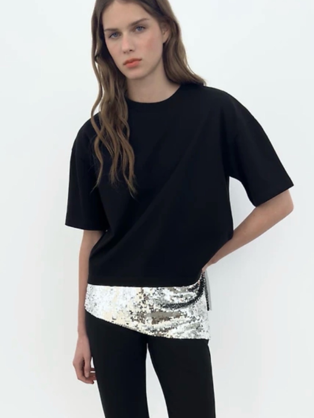 Zara Black Short-Sleeve Top with Silver Sequin Hem